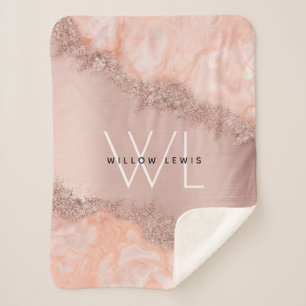 Roos Gold Blush Roze Geode Glitter Monogram Sherpa Deken
