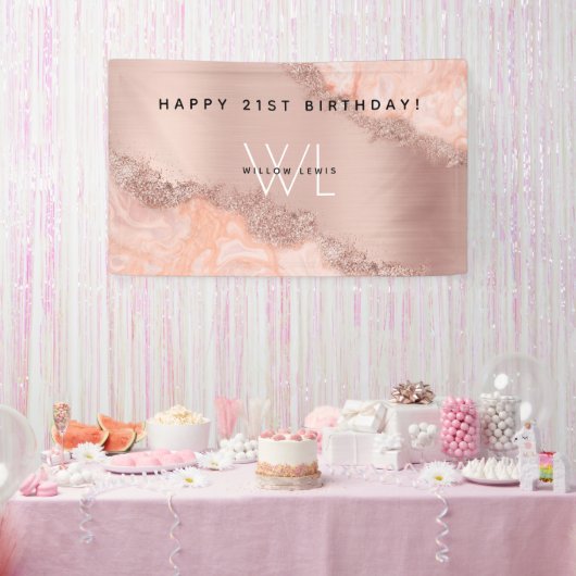 Roos Gold Blush Roze Geode Glitter Monogram Spandoek (Feest)