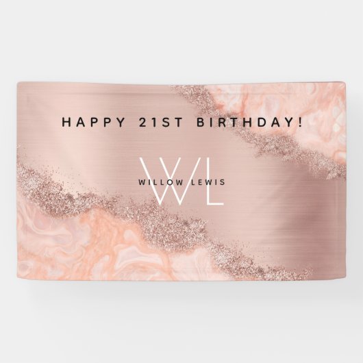 Roos Gold Blush Roze Geode Glitter Monogram Spandoek (Horizontaal)