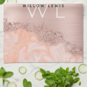 Roos Gold Blush Roze Geode Glitter Monogram Theedoek (Gevouwen)