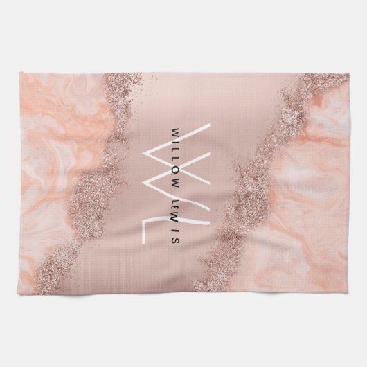 Roos Gold Blush Roze Geode Glitter Monogram Theedoek (Horizontaal)