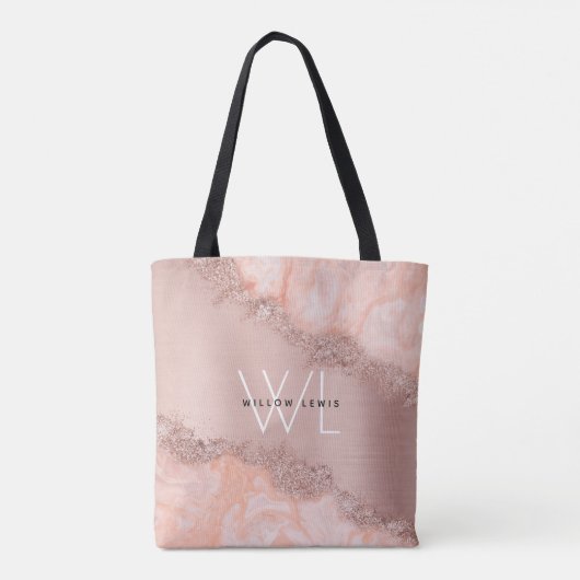 Roos Gold Blush Roze Geode Glitter Monogram Tote Bag (Achterkant)