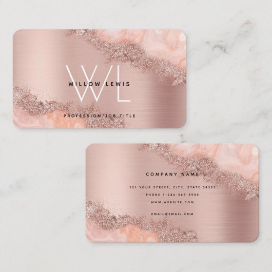 Roos Gold Blush Roze Geode Glitter Monogram Visitekaartje (Voorkant / Achterkant)
