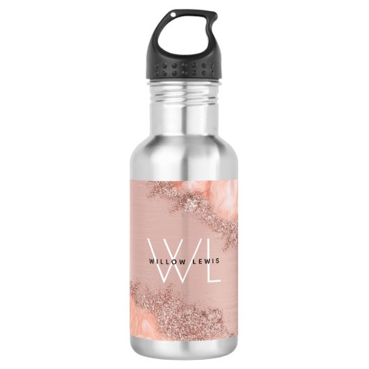 Roos Gold Blush Roze Geode Glitter Monogram Waterfles (Voorkant)