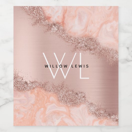 Roos Gold Blush Roze Geode Glitter Monogram Wijn Etiket (Enkel label)