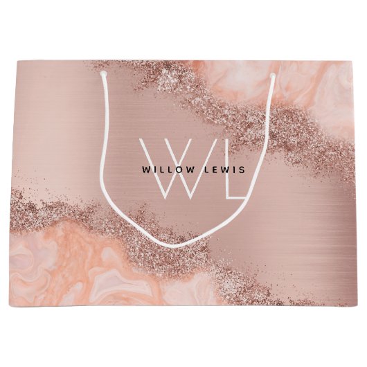 Roos Gold Blush Roze Geode Glitter Monogramt Groot Cadeauzakje (Voorkant)