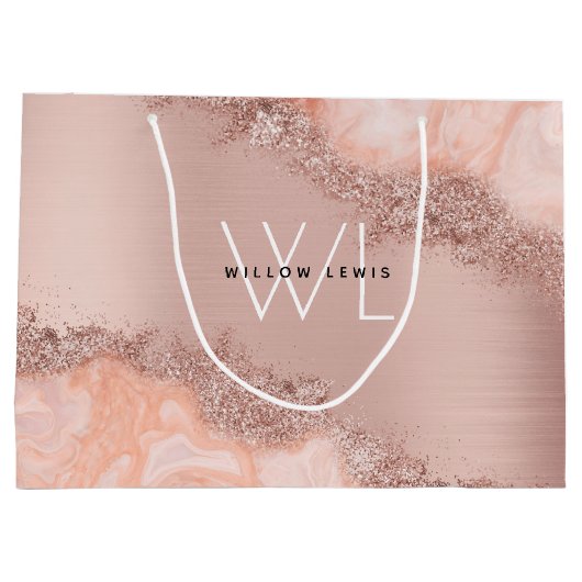 Roos Gold Blush Roze Geode Glitter Monogramt Groot Cadeauzakje (Achterkant)