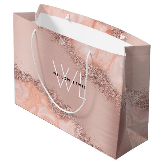 Roos Gold Blush Roze Geode Glitter Monogramt Groot Cadeauzakje (Achterkant Gekanteld)