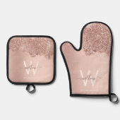 Roos Gold Blush Roze Girly Dust Monogram Ovenwant & Pannenlap Set (Voorkant)