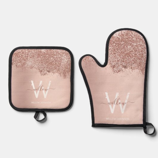 Roos Gold Blush Roze Girly Dust Monogram Ovenwant & Pannenlap Set (Voorkant)