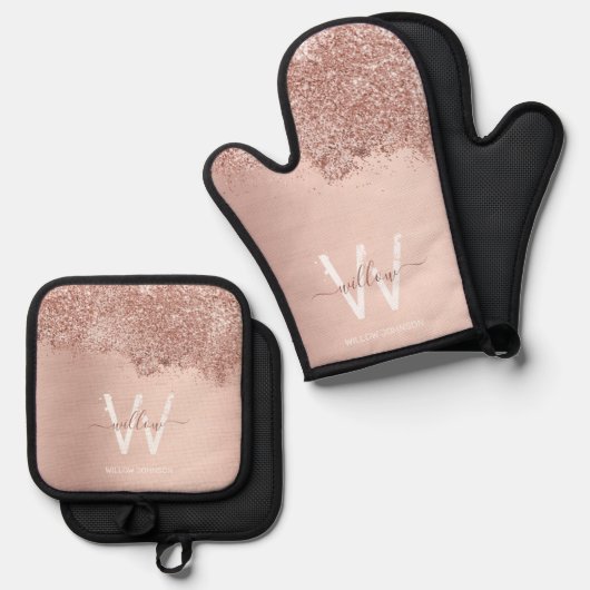 Roos Gold Blush Roze Girly Dust Monogram Ovenwant & Pannenlap Set (Voorkant / Achterkant)