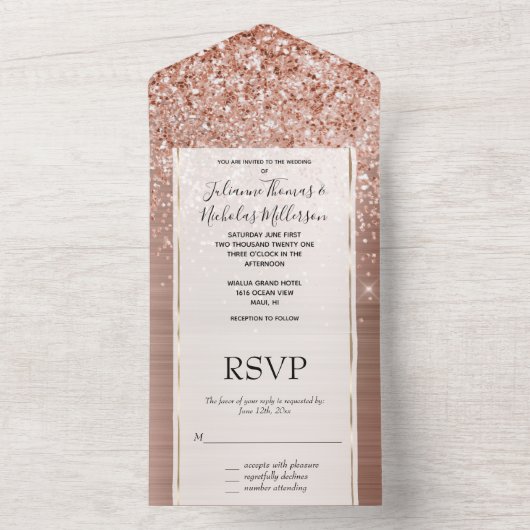 Roos Gold Blush Roze Glam Glitter All In One Uitnodiging (Binnen)