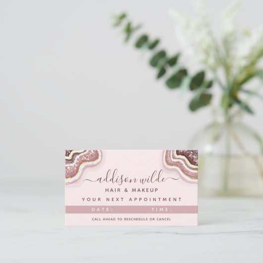 Roos Gold Blush roze glitter Agate Geode Appointme Afsprakenkaartje (Staand voorkant)