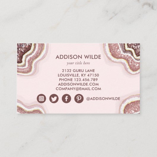Roos Gold Blush roze glitter Agate Geode Visitekaartje (Achterkant)