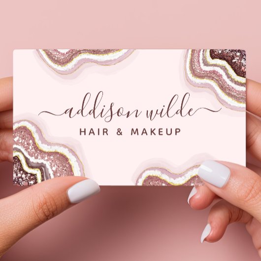 Roos Gold Blush roze glitter Agate Geode Visitekaartje