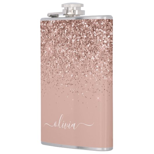 Roos Gold Blush Roze Glitter Custom Monogram Name Heupfles (Links)