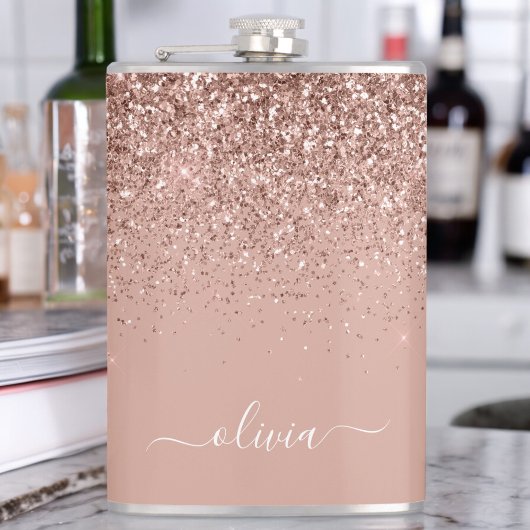 Roos Gold Blush Roze Glitter Custom Monogram Name Heupfles