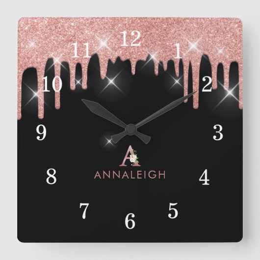 Roos Gold Blush Roze glitter Drip Floral Monogram Vierkante Klok (Voorkant)