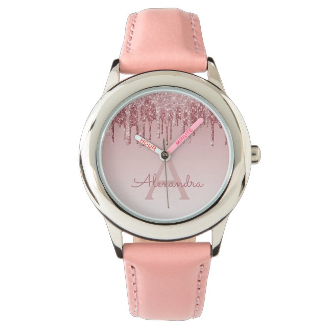 Roos Gold Blush Roze Glitter en Sparkle Horloge (Voorkant)