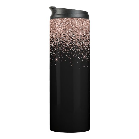 Roos Gold Blush Roze Glitter Girly Monogram Naam Thermosbeker (Geroteerd rechts)
