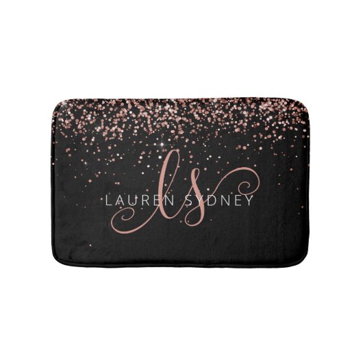 Roos Gold Blush Roze Glitter Glam Monogram Naam Badmat (Voorkant)