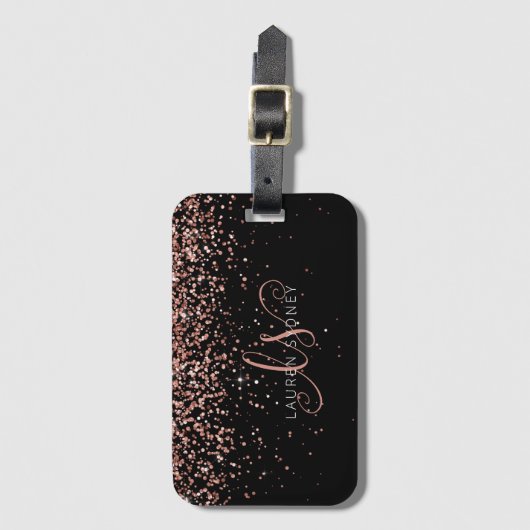 Roos Gold Blush Roze Glitter Glam Monogram Naam Bagagelabel (Voorkant (verticaal))