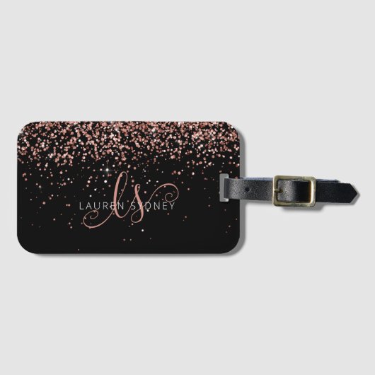 Roos Gold Blush Roze Glitter Glam Monogram Naam Bagagelabel (Voorkant (horizontaal))