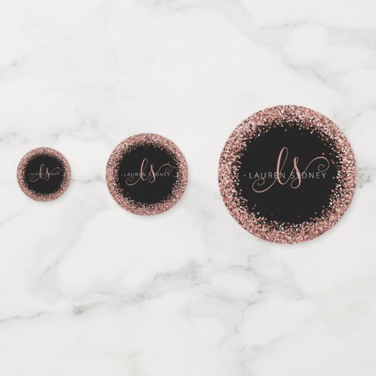 Roos Gold Blush Roze Glitter Glam Monogram Naam Confetti (Voorkanten)