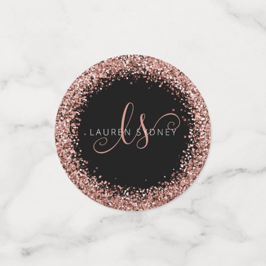 Roos Gold Blush Roze Glitter Glam Monogram Naam Confetti (Kleine voorkant)