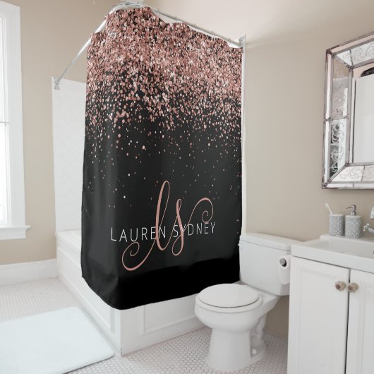 Roos Gold Blush Roze Glitter Glam Monogram Naam Douchegordijn (In situ)