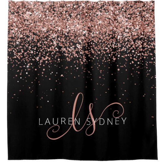 Roos Gold Blush Roze Glitter Glam Monogram Naam Douchegordijn (Voorkant)