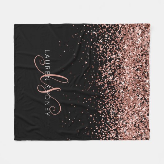 Roos Gold Blush Roze Glitter Glam Monogram Naam Fleece Deken (Voorkant (Horizontaal))