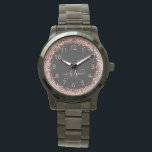 Roos Gold Blush Roze Glitter Glam Monogram Naam Horloge<br><div class="desc">Glam Roos Gold Glitter Elegant Monogram Watch. Pas dit trendy horlogeontwerp met elegant roos gouden mousserende glitter op een zwarte achtergrond eenvoudig aan. Het ontwerp kenmerkt uw handgeschreven manuscriptmonogram met  cirkels en jouw naam.</div>