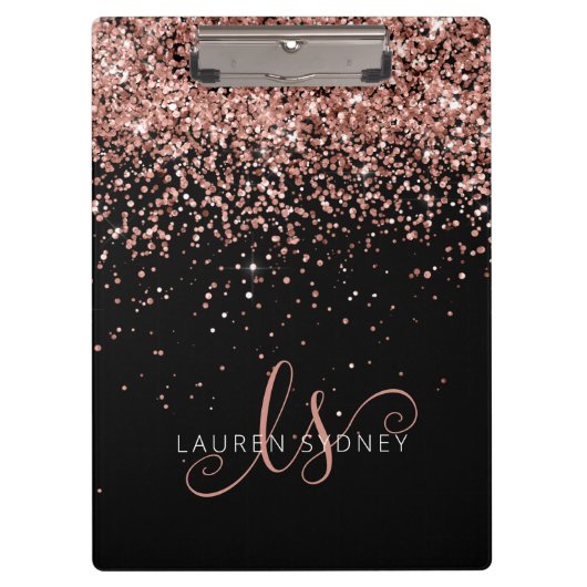 Roos Gold Blush Roze Glitter Glam Monogram Naam Klembord (Voorkant)