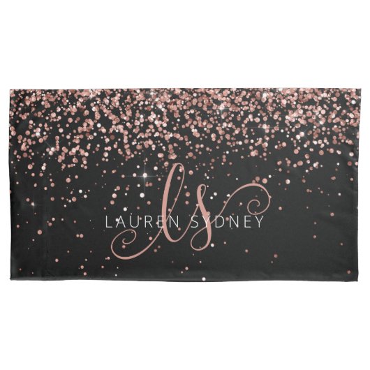 Roos Gold Blush Roze Glitter Glam Monogram Naam Kussensloop (Voorkant)