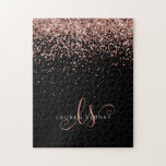 Roos Gold Blush Roze Glitter Glam Monogram Naam Legpuzzel<br><div class="desc">Glam Roos Gold Glitter Elegant Monogram Puzzle. Pas dit trendy chic puzzle-ontwerp eenvoudig aan met elegant roos gouden mousserende glitter op een zwarte achtergrond. Het ontwerp kenmerkt uw handgeschreven manuscriptmonogram met  cirkels en jouw naam.</div>