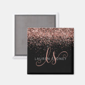 Roos Gold Blush Roze Glitter Glam Monogram Naam Magneet (Voorkant / Achterkant)