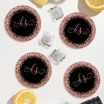 Roos Gold Blush Roze Glitter Glam Monogram Naam Onderzetter Set<br><div class="desc">Glam Rose Glitter Elegant Monogram Coaster Set. Easily personalize this trendy chic coaster set design featuring elegant rose gold sparkling glitter on a black background. The design features your handwritten script monogram with pretty swirls and your name.</div>