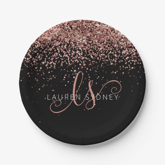 Roos Gold Blush Roze Glitter Glam Monogram Naam Papieren Bordje (Voorkant)