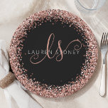 Roos Gold Blush Roze Glitter Glam Monogram Naam Papieren Bordje<br><div class="desc">Glam Roos Gold Glitter Elegant Monogram Paper Bord. Pas dit trendy bord met stijlvol roos gouden mousserende glitter op een zwarte achtergrond eenvoudig aan. Het ontwerp kenmerkt uw handgeschreven manuscriptmonogram met  cirkels en jouw naam.</div>