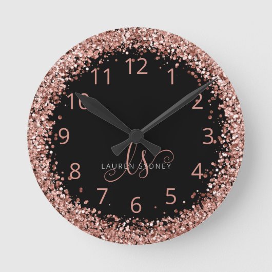 Roos Gold Blush Roze Glitter Glam Monogram Naam Ronde Klok (Voorkant)