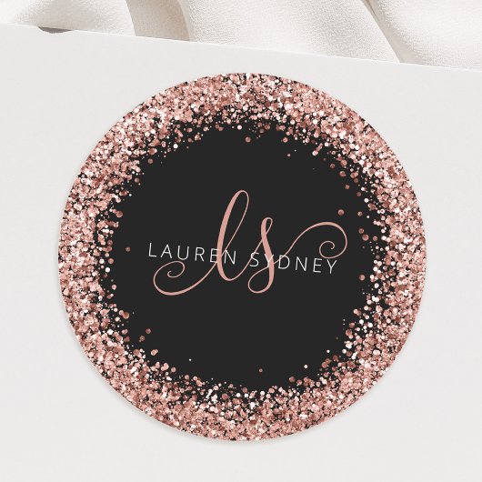 Roos Gold Blush Roze Glitter Glam Monogram Naam Ronde Sticker
