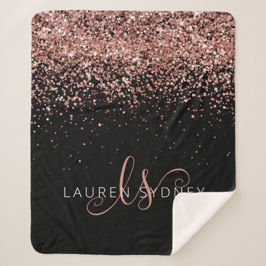 Roos Gold Blush Roze Glitter Glam Monogram Naam Sherpa Deken (Voorkant)