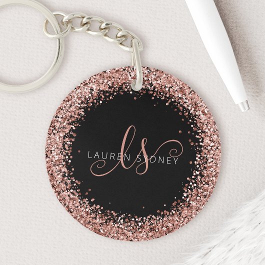Roos Gold Blush Roze Glitter Glam Monogram Naam Sleutelhanger
