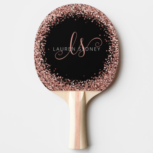 Roos Gold Blush Roze Glitter Glam Monogram Naam Tafeltennisbatje (Voorkant)