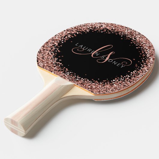 Roos Gold Blush Roze Glitter Glam Monogram Naam Tafeltennisbatje (Voorkant Gekanteld)