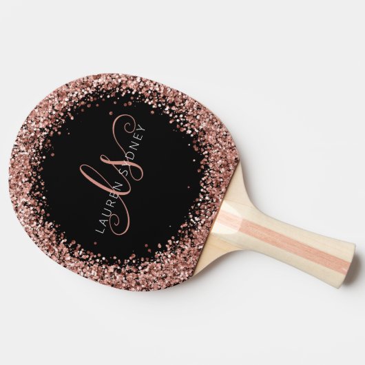 Roos Gold Blush Roze Glitter Glam Monogram Naam Tafeltennisbatje (Zijkant)
