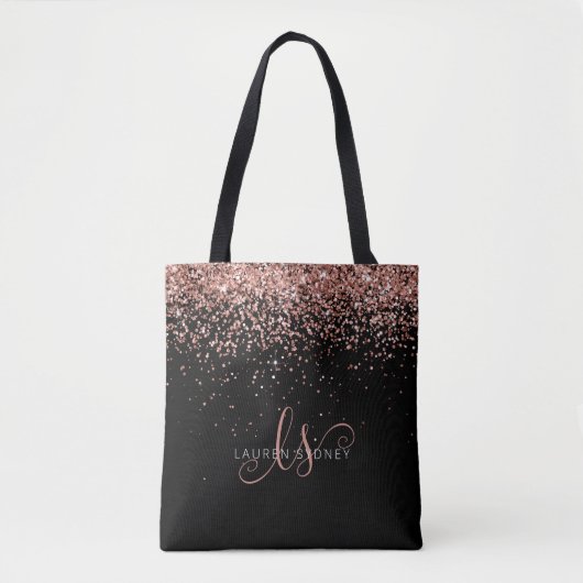 Roos Gold Blush Roze Glitter Glam Monogram Naam Tote Bag (Voorkant)