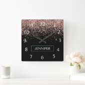 Roos Gold Blush Roze Glitter Monogram Girly Vierkante Klok (Huis)