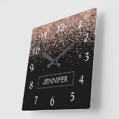 Roos Gold Blush Roze Glitter Monogram Girly Vierkante Klok (Hoek)